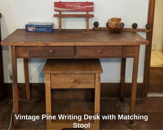 Vintage Pine Writing Desk with Matching Stool
