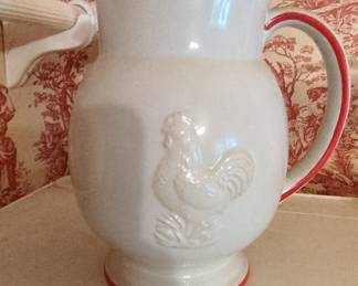 White Ceramic Pitcher with Embossed Rooster and Red Trim