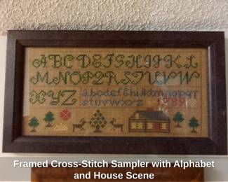 Framed CrossStitch Sampler with Alphabet and House Scene