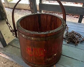 Antique Wooden Firkin Bucket with Metal Bands and Chain