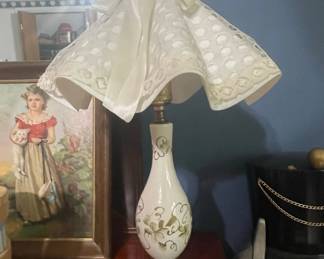 Vintage Ceramic Table Lamp with Double Lace and Broderie Anglaise Shade