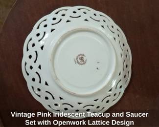 Vintage Pink Iridescent Teacup and Saucer Set with Openwork Lattice Design second image