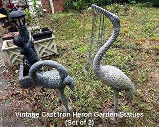 Vintage Cast Iron Heron Garden Statues Set of 