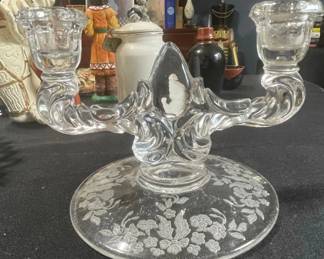 Vintage Etched Glass TwoLight Candelabra  New Martinsville Queen Ann second image