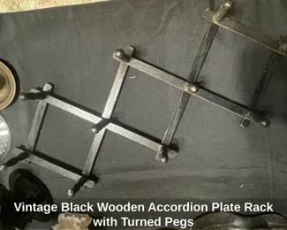 Vintage Black Wooden Accordion Plate Rack with Turned Pegs second image