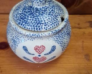 Vintage Blue Spatterware Ceramic Sugar Bowl with Lid and Hearts