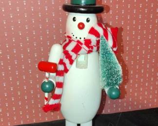 Wooden Snowman Nutcracker with Tree and Holly Hat