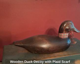 Wooden Duck Decoy with Plaid Scarf