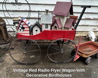 Vintage Red Radio Flyer Wagon with Decorative Birdhouses
