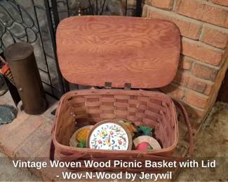 Vintage Woven Wood Picnic Basket with Lid  WovNWood by Jerywil third image