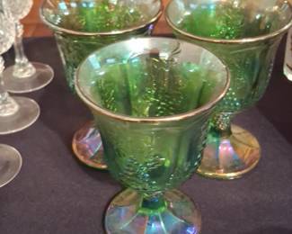 Indiana Glass Green Iridescent Carnival Glass Goblets