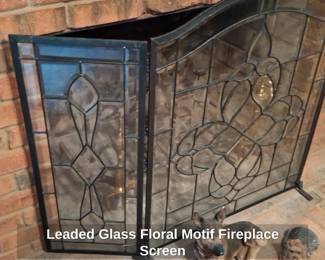 Leaded Glass Floral Motif Fireplace Screen