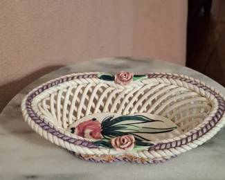 Vintage Ceramic Woven Basket with Floral Appliqus  Possibly Bassano or Capodimonte