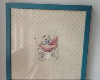 Framed Teddy Bear and Baby Carriage CrossStitch Art