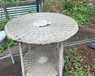 Vintage White Wicker Round Side Table with Shelf