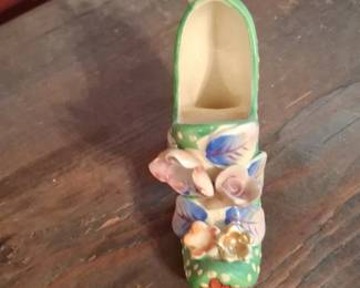 Vintage Polka Dot Ceramic High Heel Shoe Figurine with Floral Embellishments second image