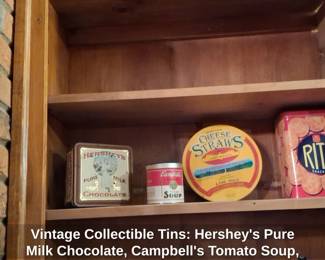 Vintage Collectible Tins Hersheys Pure Milk Chocolate, Campbells Tomato Soup, Larry Mulkeys Cheese Straws, and Ritz Crackers