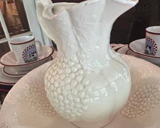 White Ceramic Pitcher and Bowl Set with Grape and Leaf Motif second image