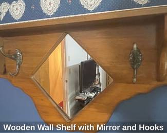 Wooden Wall Shelf with Mirror and Hooks