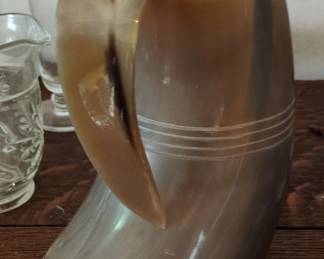 Genuine Horn Drinking Mug with Wooden Base and Incised Lines second image