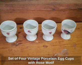Set of Four Vintage Porcelain Egg Cups with Rose Motif