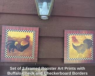 Set of Framed Rooster Art Prints with Buffalo Check and Checkerboard Borders