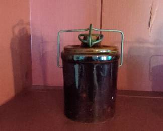 Vintage Brown Stoneware Cheese Crock with Lid and Wire Bail Handle