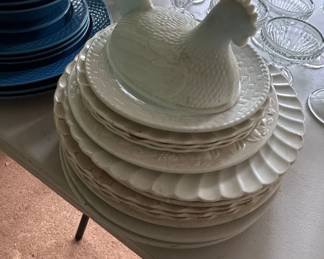 Indiana Glass White Milk Glass Hen on Nest Covered Dish with Plates