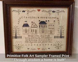 Primitive Folk Art Sampler Framed Print  Through wisdom a home is built