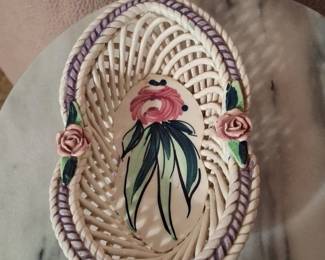 Vintage Ceramic Woven Basket with Floral Appliqus  Possibly Bassano or Capodimonte second image