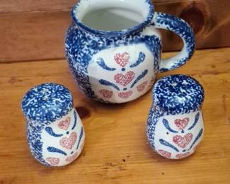 Gerald Henn Blue Heart Spongeware Pitcher and Salt Shakers Set