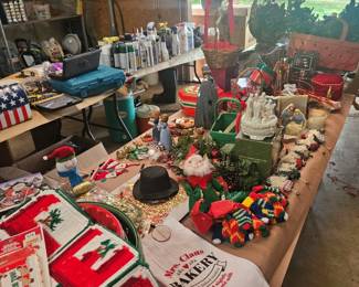 Lots of Christmas decorations, tree, garland w/lights, garland, wreaths