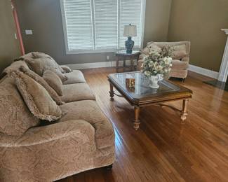 Cloth sofa matching chair oak coffee & side tables