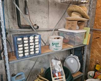 Shelving, hose, rope, gloves, oil, etc