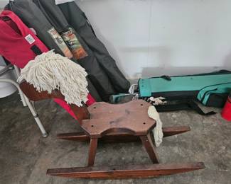 Vtg rocking horse canvas folding chairs golf clubs