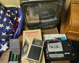 Emerson colored TV VCr player combo, Panasonic cassette player in box, Cassette deck, Pierre Cardin pen set