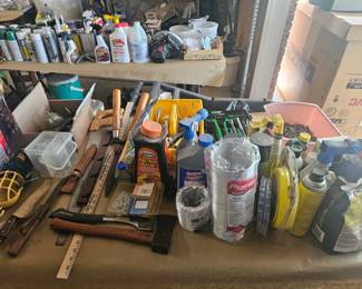 Knives, hatchets. Misc tools, chemicals, etc