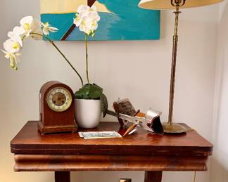 Adjustable Brass lamp, antique clocks, Stereoscope, Empire flip top table