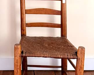 19th century primitive ladderback side chair with rush seat
