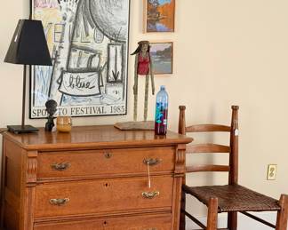 Oak Chest of Drawers, antique chairs, Gary F. White sculpture
