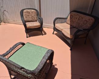 Outdoor furniture Set- $100 •	Rocking chair: 25x26”, x37" H •	Arm chair: 29x30”, x36" H •	Loveseat: 50x31”, x36" H