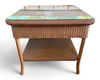 Square Wicker Patio Side Table With Glass Top