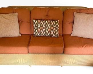 Red and Brown Wicker Patio Sofa With Footrest