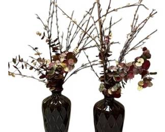 Two Large Brown Diamond Patterned Vases With Flowers
