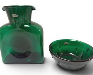 2004 Blenko Double Spout Water Bottle Green Bowl