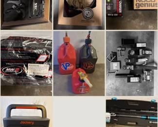 Selection of motorcycle parts (new R7 fender eliminator, race air filters for R7), VP fuel canisters, new torque wrench, like-new Jackery, various trailer hitches and accessories, new battery tenders