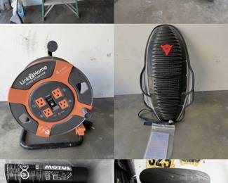Assorted slicks/track take-off tires (as is), motorcycle cleaning & maintenance fluids, new back protector, 4 socket extension cord, etc.