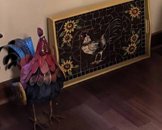 Colorful Metal Rooster Statue, RoosterThemed Mosaic Tray
