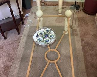Vintage brass and glass cocktail table with matching end tables