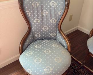 #18 - $100 - American Victorian chair walnut with blue silver bee fabric 